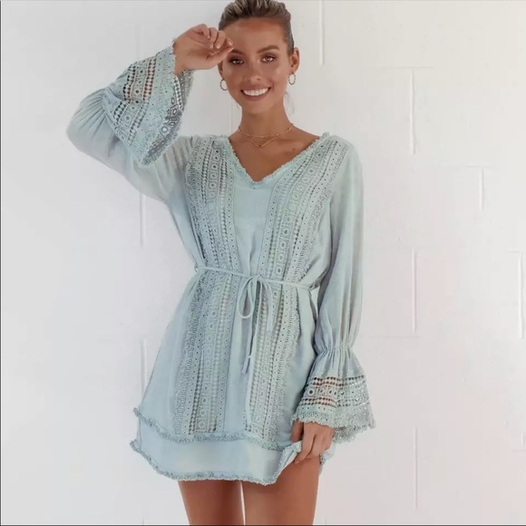 Crochet Fringe Bell Sleeve Boho Gypsy Dress Mint - Picture 4 of 12